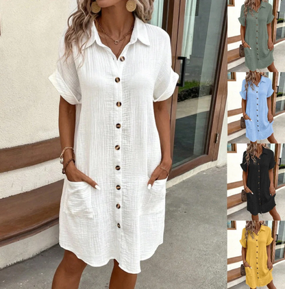 🏖️Soldes d'été -50%✨Robe Midi Femme – Légère, Flatteuse & Chic Sans Effort ! Robe Boutonnée avec Poches 🇫🇷☀️