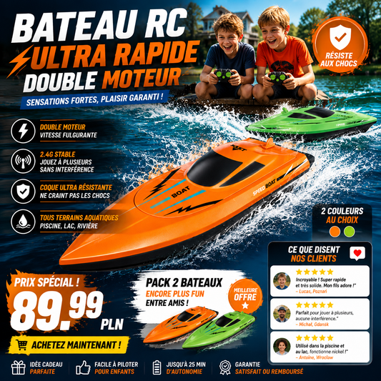 🎮PROMO FLASH 50%🚢Bateau Radiocommandé Haute Vitesse 2.4GHz – Double Moteur, Coque Étanche, 2 Couleurs, 27cm, Parfait pour Piscine & Lac⚡