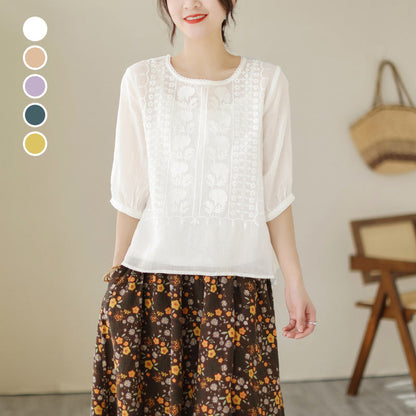 🌸 -50% MAINTENANT ! 🌸 Chemise Femme Col Rond Manches Courtes en Lin Coton Respirant avec Broderie