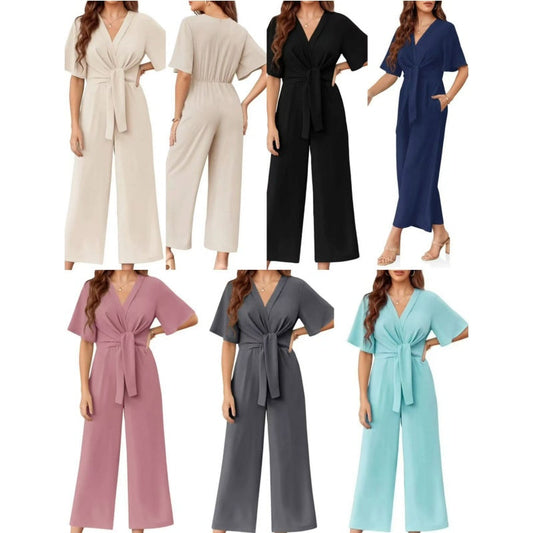 👗💫 PROMO LIMITÉE 50% ! Combinaison Femme Col V & Ceinture Nouée – Coupe Large, Tissu Doux & Respirant, 6 Couleurs, Style Polyvalent Élégant ✨