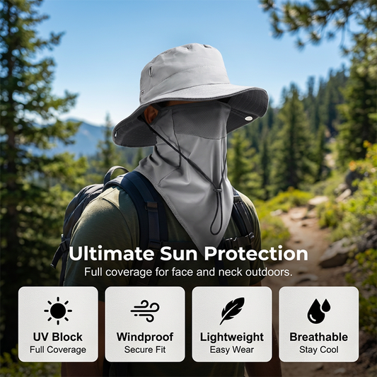 🧢 50% DE RÉDUCTION 🎣 Chapeau de pêcheur respirant avec masque facial détachable – UPF 50+, léger & idéal pour les activités en plein air – Protection solaire totale, parfait pour le jardin, la pêche ou la randonnée 🛡️