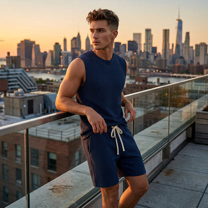 💪 PROMOTION LIMITÉE -50% ! 💥 Ensemble Débardeur & Short de Sport Casual pour Homme – Maille Gaufre, Poches Profondes, Coupe Décontractée ✨