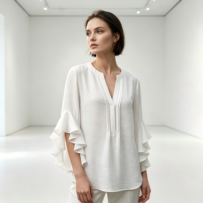 👚🔥 -50% ! Haut Femme Col V Volants Décontracté – Manches Voletées Élégantes Grâce Féminine Mouvement, Tissu Léger Respirant Confort Toute Journée Quatre Saisons, Coupe Ample Fluide Flatteuse · 4 Coloris · S-2XL ✨