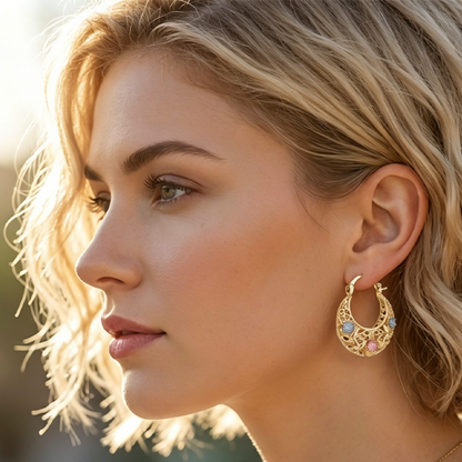 📢📢50 % DE RÉDUCTION !! ⏰Boucles d'oreilles créoles en forme de croissant plaquées or avec des fleurs en émail
