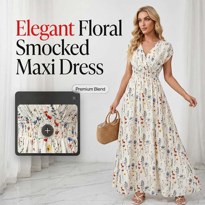 👗 PROMO LIMITÉE 50% DE RÉDUCTION ! ✨ Robe Longue Fleurie – Col V Élégant, Taille Smockée, Tombé Fluide 💃
