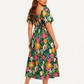 ⏰Soldes d'été : 50 % de réduction💃Robe midi à fleurs, col carré et smocks, avec poches