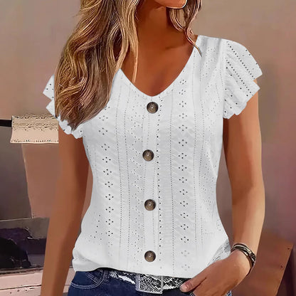 👚 50% DE RÉDUCTION ! 🌸 Top d'été femme col V à broderie anglaise – Tissu jacquard & manches à volants – Élégance respirante ☀️