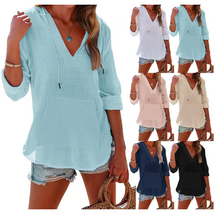 🌊SOLDES D'ÉTÉ -50% 💖Haut à capuche manches longues col V avec poche pour femme