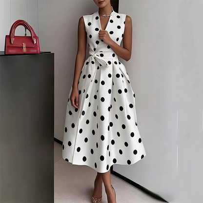 Robe Sans Manches Col V à Pois pour Femme