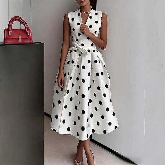 Robe Sans Manches Col V à Pois pour Femme