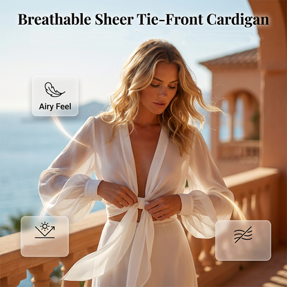 🧥 OFFRE LIMITÉE -50% ! 💥 Cardigan Femme Léger en Mousseline à Nœud Frontal – Manches Ballon, Transparent, Superposition ✨
