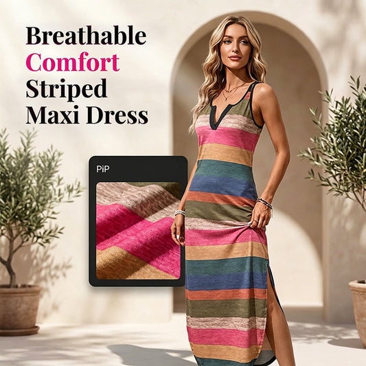 👗 OFFRE LIMITÉE -50% ! 💥 Robe Maxi Rayée Confort Respirant pour Femme – Col V, Multicolore, Fente Latérale ✨