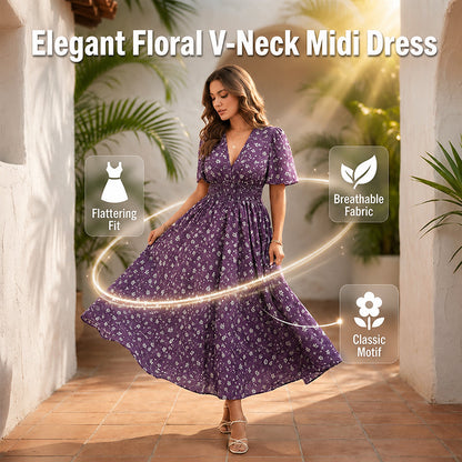 🔥Robe Midi Élégante À Fleurs et Col en V pour Femme