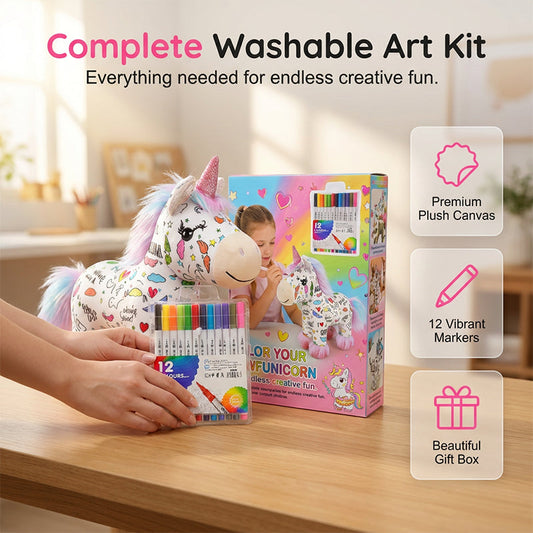 🦄 50% DE RÉDUCTION ! 🎨 Kit de Peluche Licorne à Colorier Soi-Même – Lavable & Réutilisable – 12 Feutres Non Toxiques Inclus – Développe la Créativité et la Motricité Fine – Cadeau Parfait pour Enfants ✨