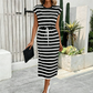 Robe Midi Rayée Femme à Taille Coulissante et Fente