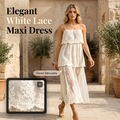 Robe Maxi Élégante en Dentelle Blanche à Bretelles Spaghetti pour Femme
