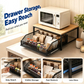 🏠 50% DE RÉDUCTION! 🍳 Support Micro-Ondes 2 niveaux avec tiroir coulissant – Gain de place, étagère surélevée & panier intégré – Idéal pour cuisine, café & dortoir ✨