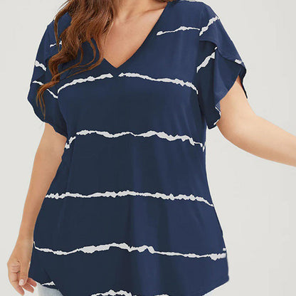 🏖️Soldes d'Été 50% OFF🏝️👚T-Shirt Grande Taille à Rayures Col V Manches Courtes✨