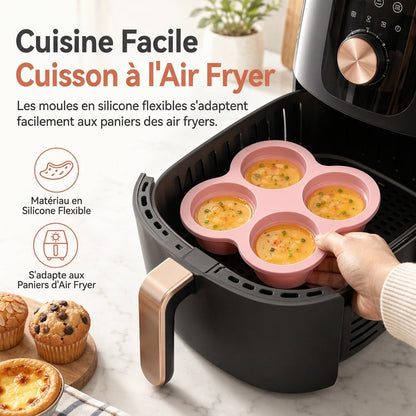 🍰🔥 Moule rond en silicone de 10 cm pour friteuse à air – 3 ou 4 cavités, démoulage facile et cuisson polyvalente