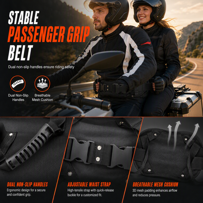 📢📢50 % DE RÉDUCTION !! ⏰ Ceinture de Maintien Passager Moto – Poignées Ergonomiques Antidérapantes, Sangle Nylon Haute Ténacité & Boucles Renforcées for une Conduite Sûre et Confortable à Deux ✨🛡️