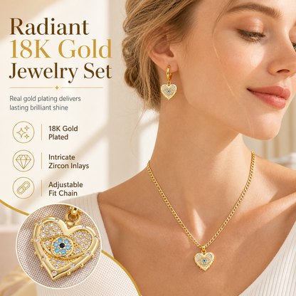 ✨ Ensemble de bijoux composé d'un collier et de boucles d'oreilles en forme de cœur avec un « œil maléfique », plaqué or 18 carats